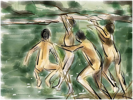 kerala boys jumping into temple pond water abstract art